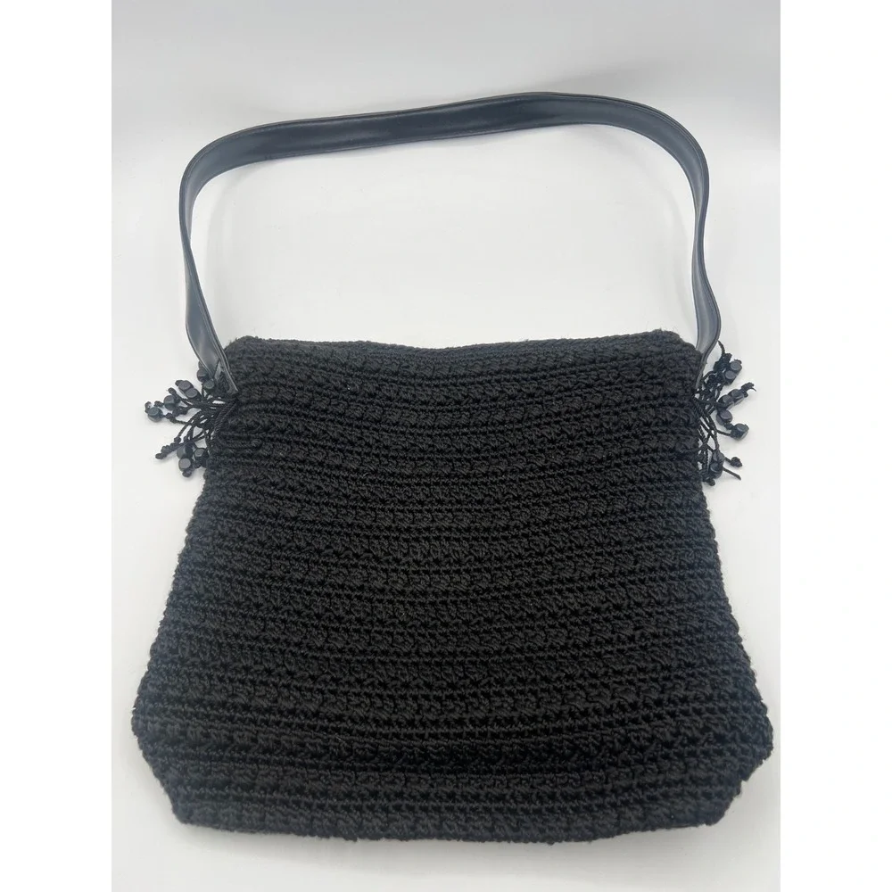 The Sak Black Crochet Knit Shoulder Bag Beaded Fringe Hobo Purse Boho Medium